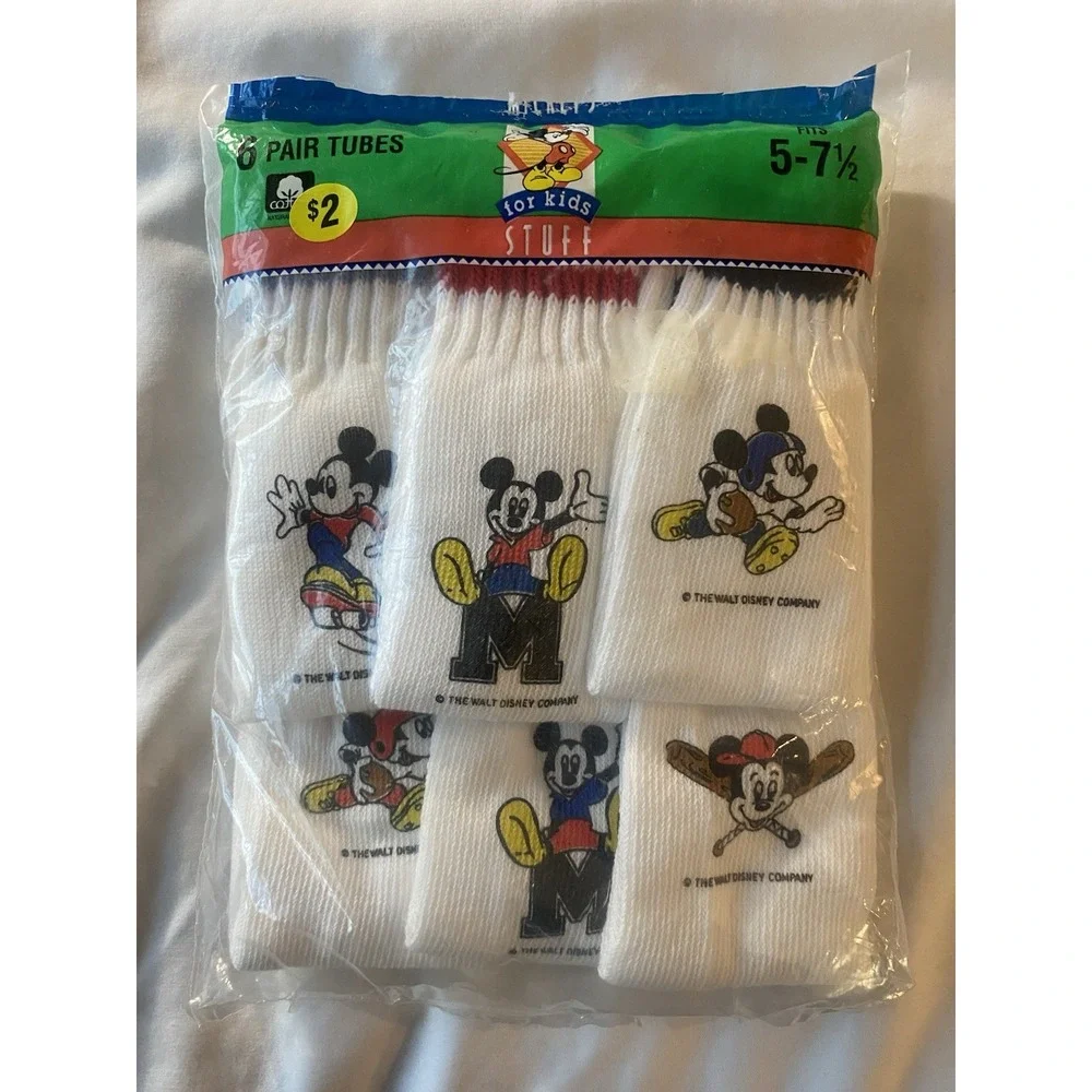 Vintage Disney Babies Mickey Mouse 6 Pair Tube Socks Size 5-7.5 NEW 1980's